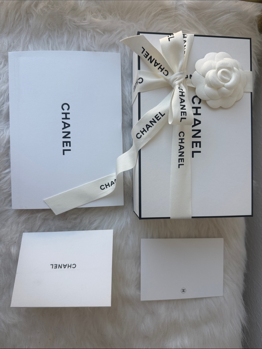 Authentic CHANEL White Gift Box Set with Ribbon, Camellia, Card and envelopes